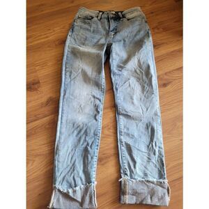 Tribal Womens Skinny Jeans - Light Blue Wash Denim with Gem Diamond Detail Cuff